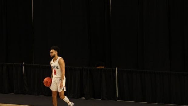 Mar 4, 2021; Richmond, Virginia, USA; Richmond Spiders guard Jacob Gilyard (0) reacts in the final minute against the Duquesne Dukes in the second half in the second round of the 2021 Atlantic 10 Conference Tournament at Stuart C. Siegel Center. Mandatory Credit: Geoff Burke-USA TODAY Sports